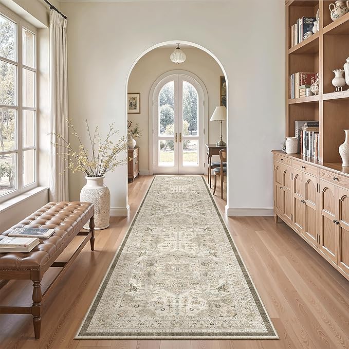 Madane Hallway Runner Rug 2'6''x12' Kitchen Runner, Non Slip Vintage Runners for Hallways Washable Kitchen Rugs Soft Low Pile 2.5x12 ft Rug Runner for Laundry Room, Entryway and Bedroom, Ivory/Brown
