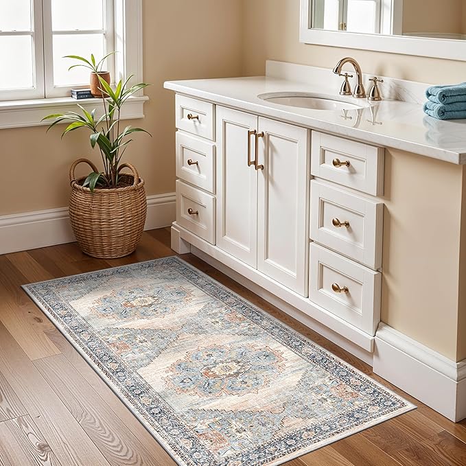 TOPRUUG 2x4 Entryway Runner Rug - Washable Non-Slip Rugs for Kitchen Hallway Soft Ultra-Thin Door Mat Indoor Entrance Stain Resistant Small Throw Carpet for Bathroom (Blue, 2X4)