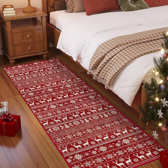 Christmas Runner Rug 2x6 Washable Rugs, Boho Christmas Tree Snowflake Rug Non-Slip Soft Low Pile Non Shedding Indoor Holiday Carpet for Bedroom Bathroom Laundry Staircase Foyer (XmasRed, 2'x6')