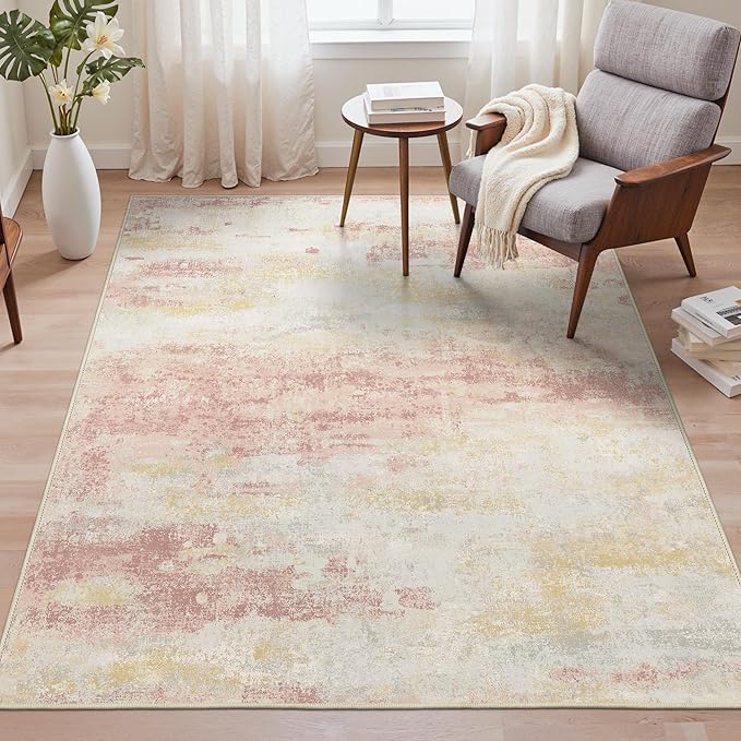 Area Rugs 8x10 for Living Room Bedroom, Modern Abstract Machine Washable Rug, Large Soft Low Pile Floor Carpet with Non Slip Backing for Dining Room, Pink/Cream