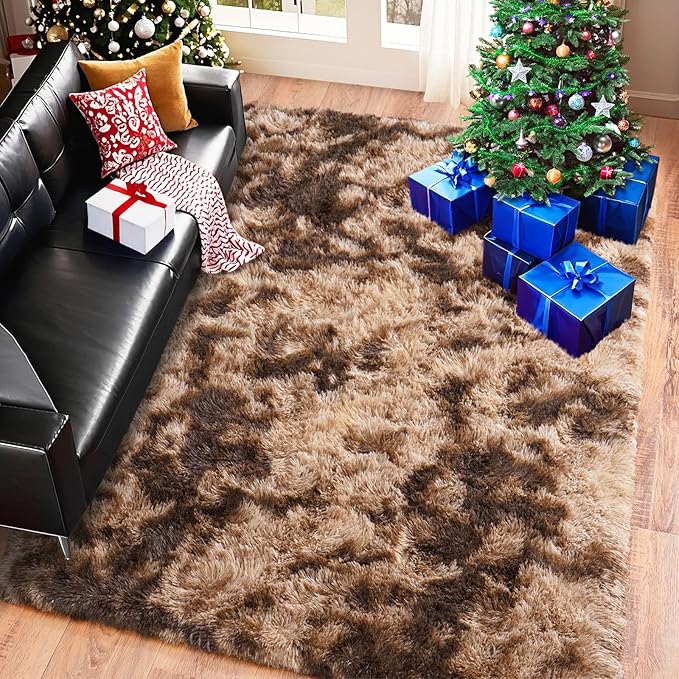 Pionblank Super Fluffy Brown Rug for Bedroom 5x7, Modern Indoor Shag Carpet, Soft Plush Non Slip Rugs for Living Room Kids Room Cloakroom Home Decor, Tie-Dyed Coffee