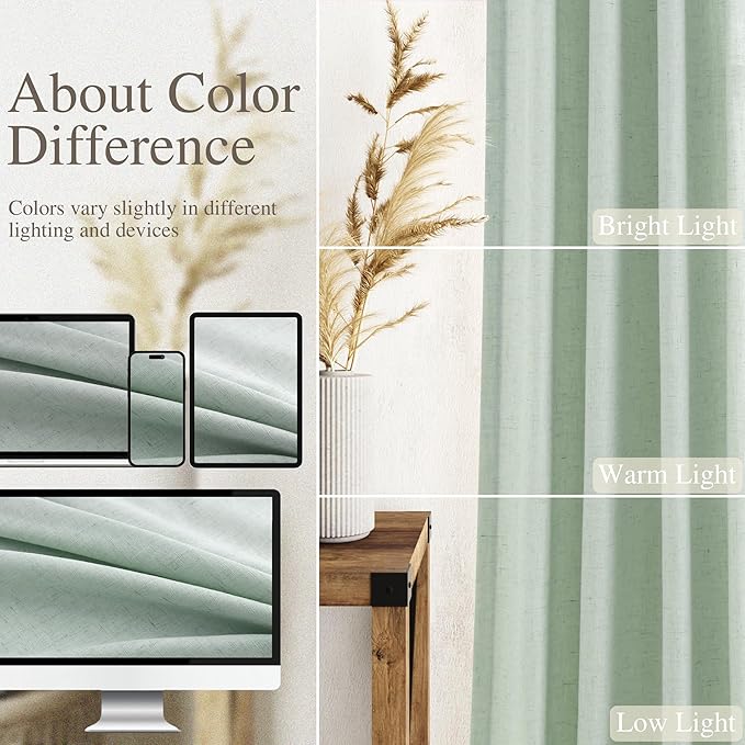 Extra Long Aqua Green Linen Curtains 120 Inch for Living Room 2 Panels Set Rod Pocket Back Tab Light Filtering Semi Sheer Linen Window Drapes Privacy High Ceiling Drapes for Farmhouse 52x120