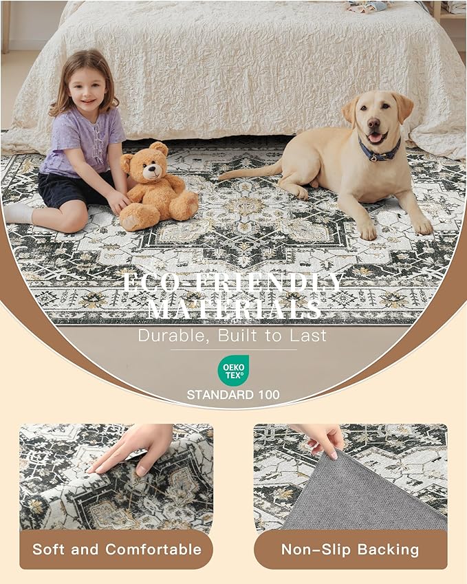 Madane Hallway Runner Rug 2'6''x16' Kitchen Runner - Non Slip Vintage Runners for Hallways Washable Kitchen Rugs Soft Low Pile 2.5x16 ft Rug Runner for Laundry Room, Entryway and Bedroom, Black