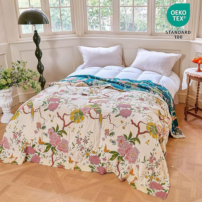 MSGKV The Boho Layer: 60"x80" Cotton Throw Blanket – Full Size for Couch Snuggles, Twin Bed Topper | Lightweight & Breathable Reversible Chinoiserie Floral & Bird Pattern, Decorative Accent