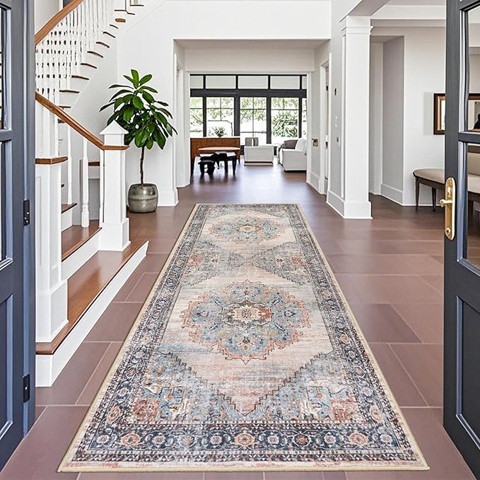 TOPRUUG Washable Runner Rug 4x10 - Hallway Runner Rug Kitchen Rugs and Mats Non Skid Washable Waterproof Carpet Runner for Living Room Bedroom Bathroom (Blue, 4X10)