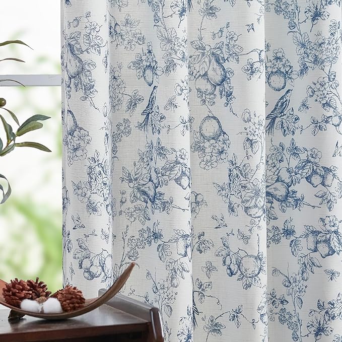 jinchan Linen Floral Curtains for Living Room 63 Inch Length Blue Printed Flower French Country Curtain Farmhouse Cottage Core Toile Curtains Back Tab Light Filtering Window Drapes Set 2 Panels