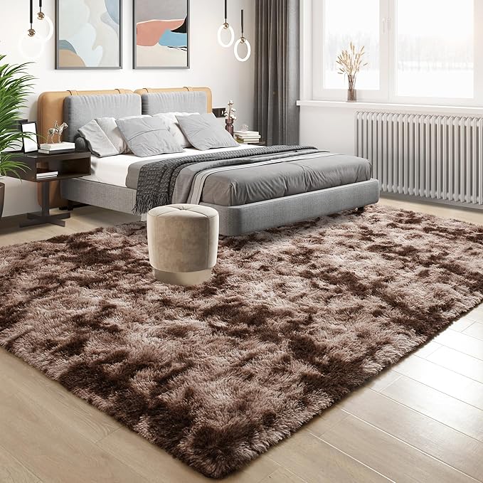 Tepook Soft Fluffy Rugs for Bedroom, 4x6 Area Rug for Living Room, Modern Shaggy Room Rug for Kids Boys Girls, Plush Throw Rugs Indoor Nursery Home Decor Rug with Non-Slip Bottom, Tie-Dyed Coffee
