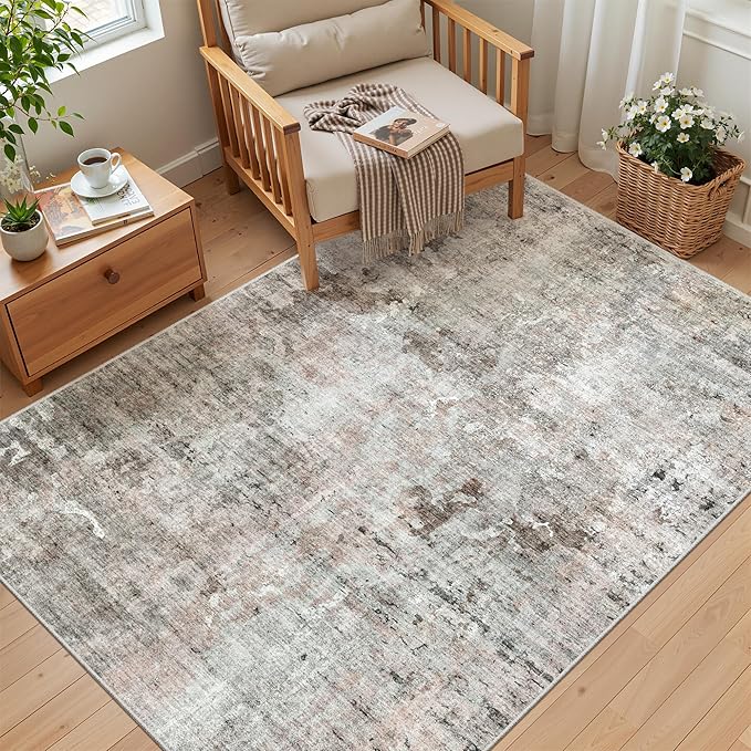 3x5 Rug, Abstract Small Area Rug for Kitchen, Entryway, Machine Washable Non-Slip Throw Rug, Vintage Carpet for Nursery Coffee Table Pink Grey