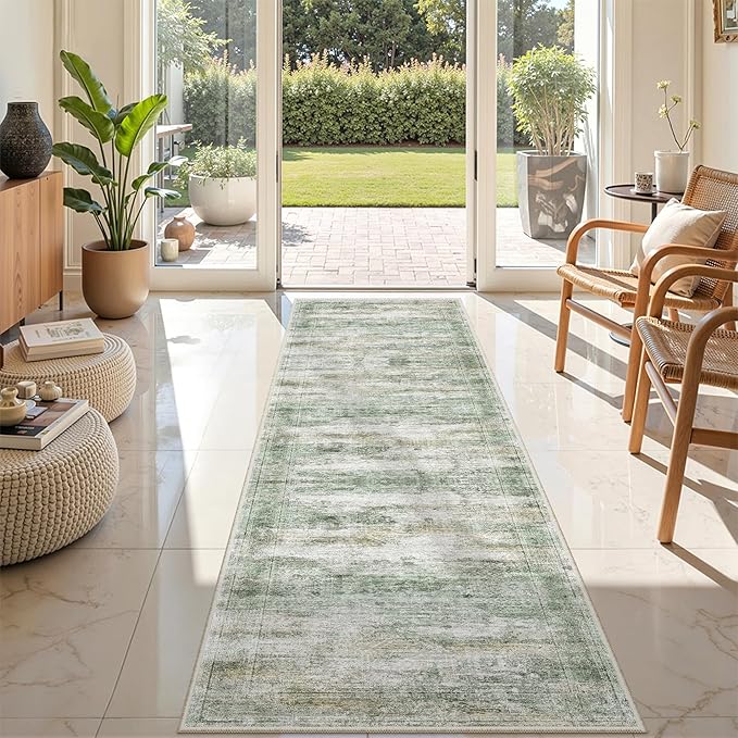Rug Runners for Hallways Non Slip - 2x8 Runner Rug for Bedroom, Washable Runner with Rubber Backing, Soft Low-Pile Carpet for Kitchen, Laundry, Bathroom (2'x8', Green/Yellow/Ivory)