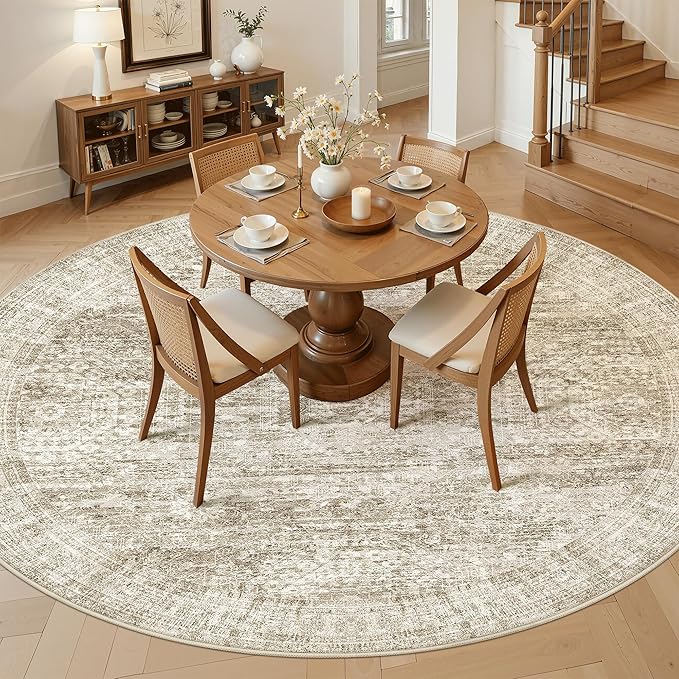 8x8 Brown Round Rug 8ft Living Room Circle Rug Vintage Round Area Rug Non Slip Indoor Carpet for Apartment