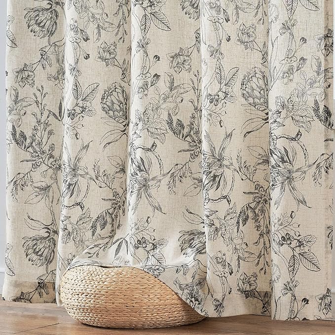 jinchan Floral Curtains 90 Inch Length Black Flower Linen Farmhouse Curtain for Living Room French Country Vintage Curtain Rod Pocket Curtains Set 2 Panels Balck Floral Printed