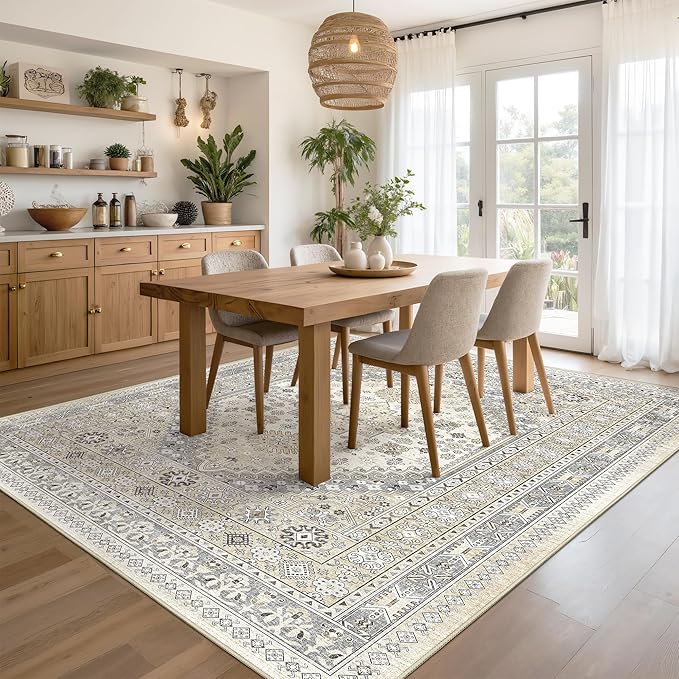 Area Rugs 5x7, Ultra-Thin Washable Rugs for Living Room, Anti-Slip Backing Area Rug for Bedroom, Soft Floral Vintage Home Decor Rug for Dining Room(Beige,5'x7')