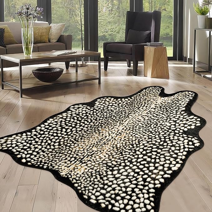 Leopard Print Rug for Living Room, Cheetah Rug 5.2x7 Faux Animal Print Skin Cheetah Area Rug for Bedroom Nursery Animal Fur Hide Irregular Shaped Rustic Antelope Black
