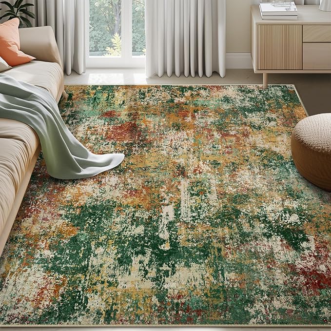 Washable Area Rugs 8'x10' Non-Slip Modern Abstract Soft for Living Room Entryway Bedroom Nursery, Print Pattern, Green Orange Rust Red Cream Colorful
