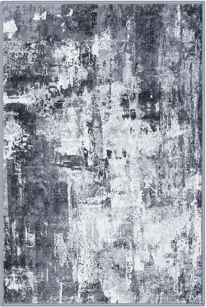 KOZYFLY Modern Abstract 3x5 Rug Gray Washable Rug Entry Rug, Soft Non-Slip Contemporary Nursery Mat Indoor Throw Kitchen Carpet with Soft Low Pile for Bedroom Office Living Room Bathroom Dorm