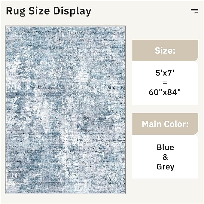 Abstract Rug 5x7 Machine Washable Area Indoor Blue Low Pile Non-Slip Foldable Thin Accent Rugs for Bedroom Living Room Dining Room