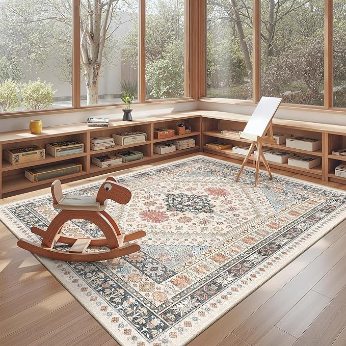 Area Rugs 5x7, Ultra-Thin Washable Rugs for Living Room, Anti-Slip Backing Area Rug for Bedroom, Soft Floral Vintage Home Decor Rug for Dining Room(Blue/Red/Multi,5'x7')