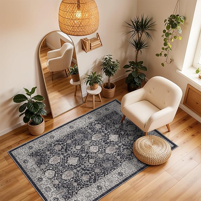Washable 3x4 Entryway Area Rugs: Ultra Soft Low Pile Carpet for Kitchen Nursery Indoor Light-Weight Doormat Anti-Slip Thin Entry Rug for Living Room Bedroom Small Vintage Floor Mat(3x4,Black)