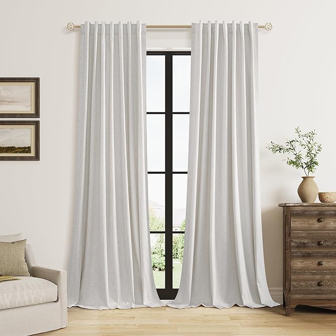Guken 100% Natural Linen Blackout Curtains 84 Inch Long 2 Panels Set for Living Room Bedroom Back Tab Room Darkening Winter Thermal Insulated Netural Black Out Drapes Window Curtain, 52x84