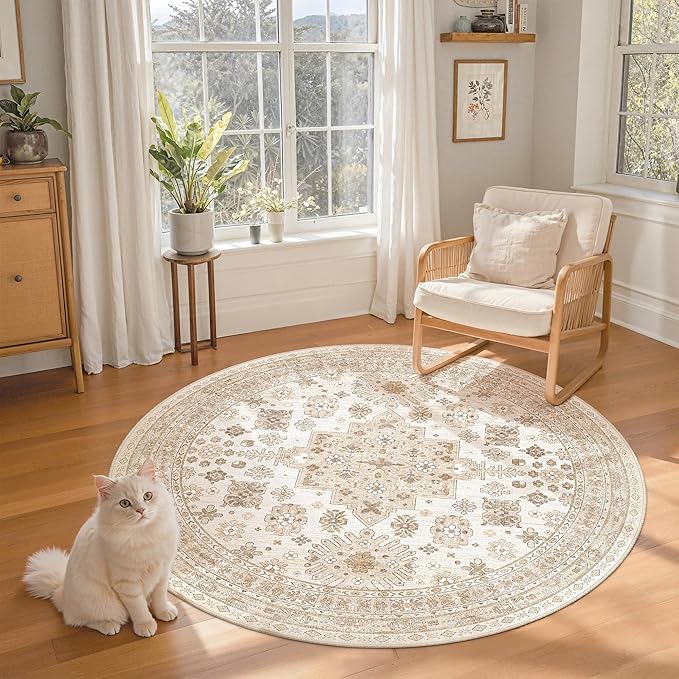 zesthome Washable Round Area Rugs - Non-Slip 6ft Round Rugs, Ultra-Thin Large Circle Rugs for Living Room, Soft Low Pile Rug for Bedroom, Kitchen, Nursery - Vintage Round Rug(Cream/Beige,6'x6')