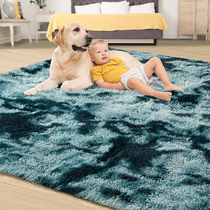 Tepook Fluffy Large Rugs for Living Room, Area Rug 6x9 Soft Carpet for Bedroom, Modern Shaggy Rug for Kids Boys Girls, Plush Indoor Nursery Home Decor Rug with Non-Slip Bottom, Peacock Blue
