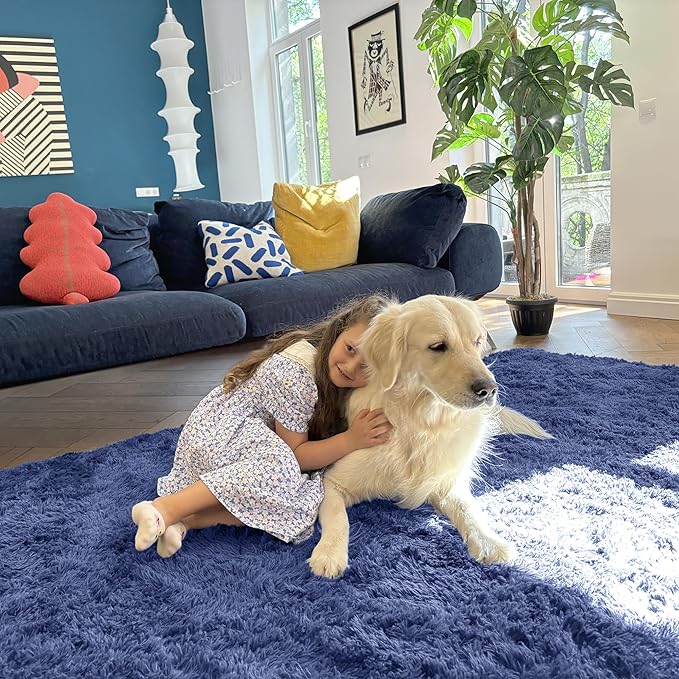 OLANLY 2x6 Machine Washable Runner Rugs for Hallway, Soft Fluffy Shaggy Bedside Rugs for Bedroom, Living Room, Indoor Floor Carpet for Kids Girls and Boys, Home Decor Aesthetic, Denim Blue