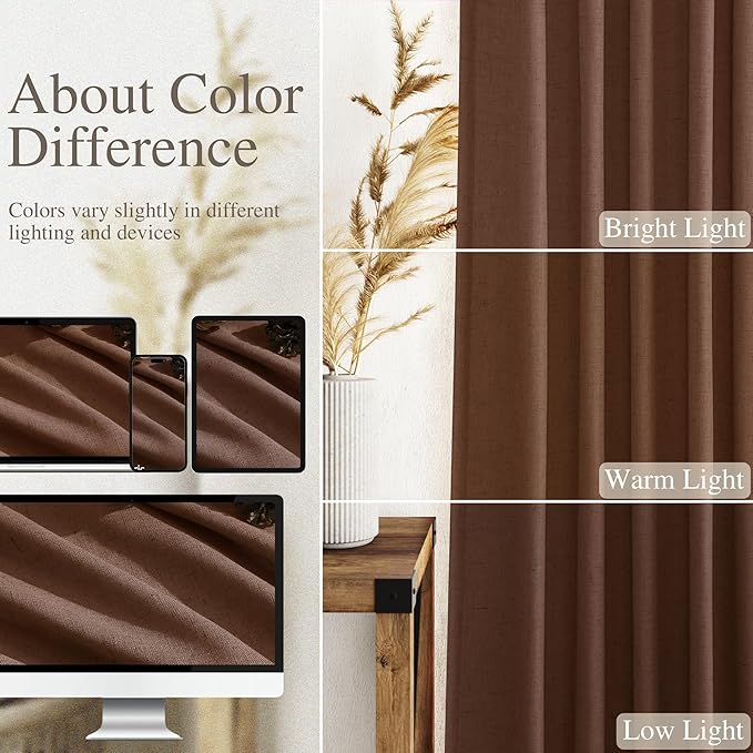 Mocha Brown Linen Curtains Semi Sheer96 Inches 2 Panels for Living Room Back Tab Rod Pocket Light Filtering for Bedroom Dinning Room Vintage Rustic Farmhouse Coastal Decor Protect Privacy 52x96