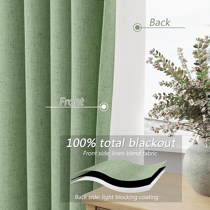 Guken Light Sage 100% Blackout Linen Curtains 96 Inch Length 2 Panels Set for Living Room Bedroom Back Tab/Rod Pocket Thermal Insulated Black Out Drapes Room Darkening Farmhouse Window Curtains