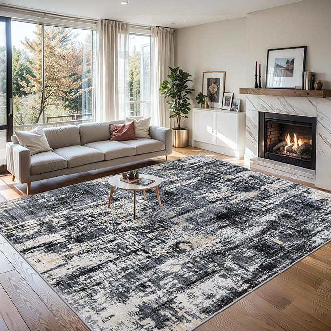 Area Rugs Living Room Rug - 4x6 Washable Modern Abstract Soft Neutral Non-Slip Carpet Large Indoor Floor Thin Carpets for Bedroom Dining Room Farmhouse Nursery Home Office Black Gold