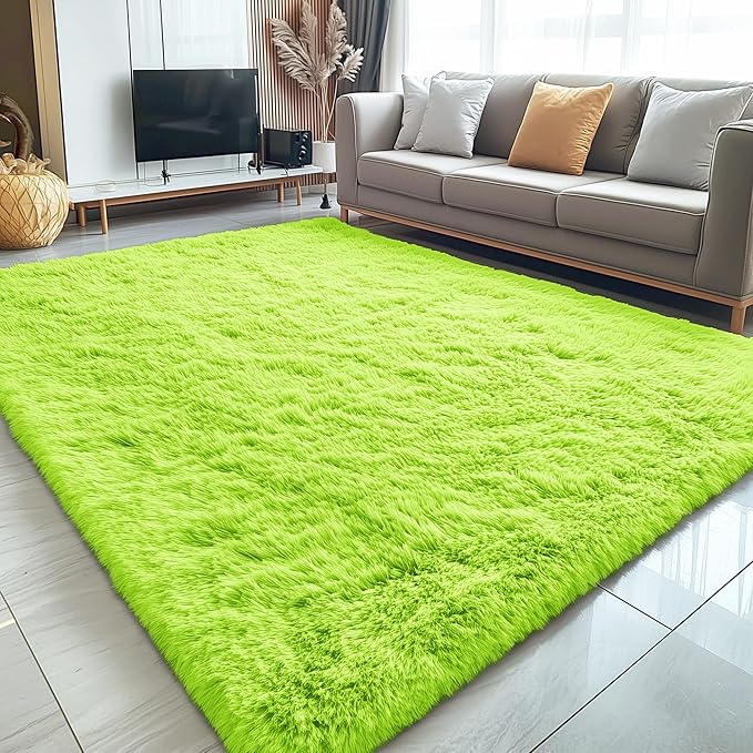 OLANLY 5x8 Machine Washable Large Area Rugs for Living Room, Bedroom, Soft Fluffy Shaggy Bedside Rug, Indoor Floor Carpet for Kids Girls and Boys, Dorms, Nursery, Home Decor Aesthetic, Lime Green