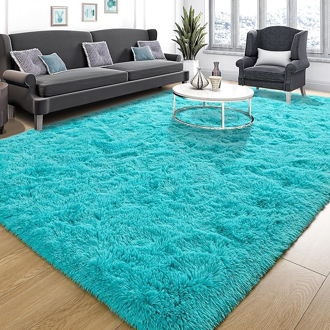 Tepook Super Soft Fluffy Rug for Bedroom, Modern Shaggy Fuzzy Kids Rugs for Living Room, Plush Indoor Nursery Home Decor Dorm Carpet with Non-Slip Bottom, Teal Blue, 4 X 6 Feet