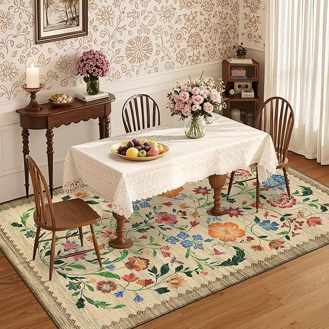 GarveeHome Washable Rug 3x5 Area Rugs for Living Room, Floral Rug for Bedroom, Soft Boho Non Slip Throw Rugs with Rubber Back, Low Pile Stain Resistant Vintage Floral Carpet for Dining Room, Beige