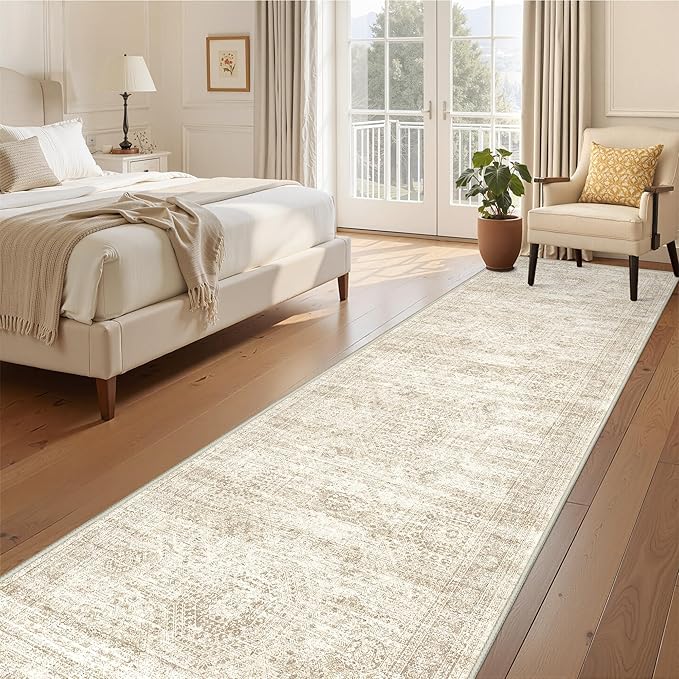 3x12 Runner Rug for Hallway, Non-Slip Long Bathroom Rugs Runner for Kitchen, Bedroom, Soft Vintage Abstract Washable Rug for Entryway, Thin Floor Mat for Dining Room(3'x12', Beige/Ivory)