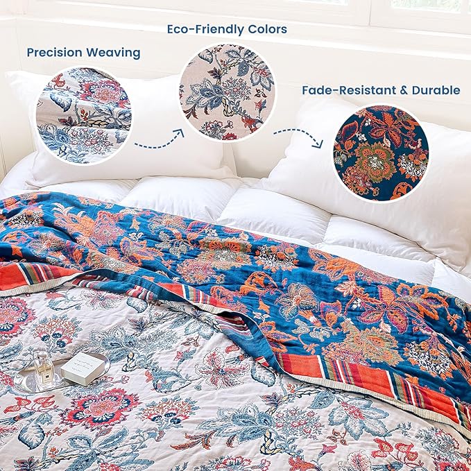 MSGKV Boho Throw Blanket 60"x80" 100% Cotton Floral Blanket for Bed Couch Spring Breathable Lightweight Twin Blankets All Seasons Home Decor Muslin