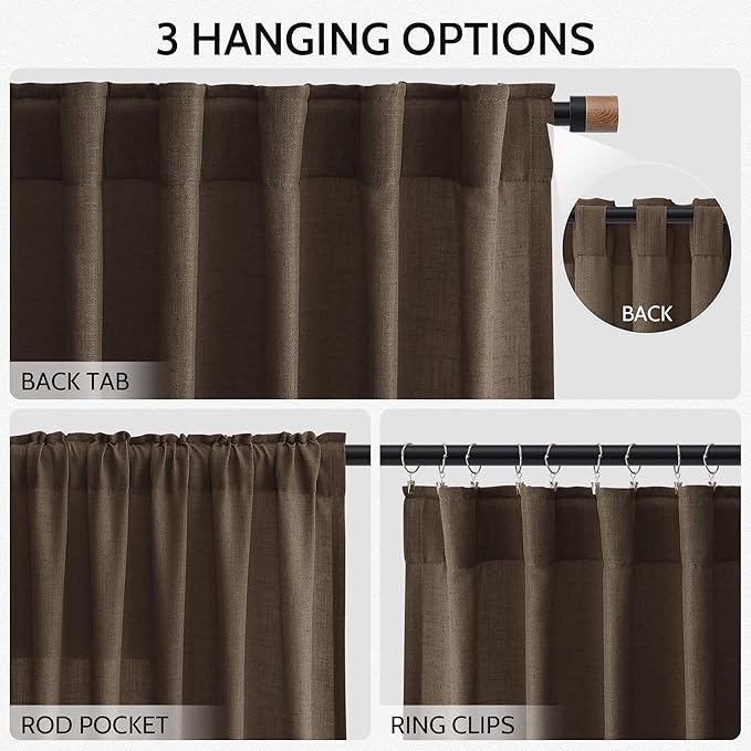 Chocolate Linen Curtains 72 Inch Long for Living Room Bedroom Lightweight Door Drapes 2 Panels Set, Semi Sheer Light Filtering Back Tab or Rod Pocket Curtain,52x72