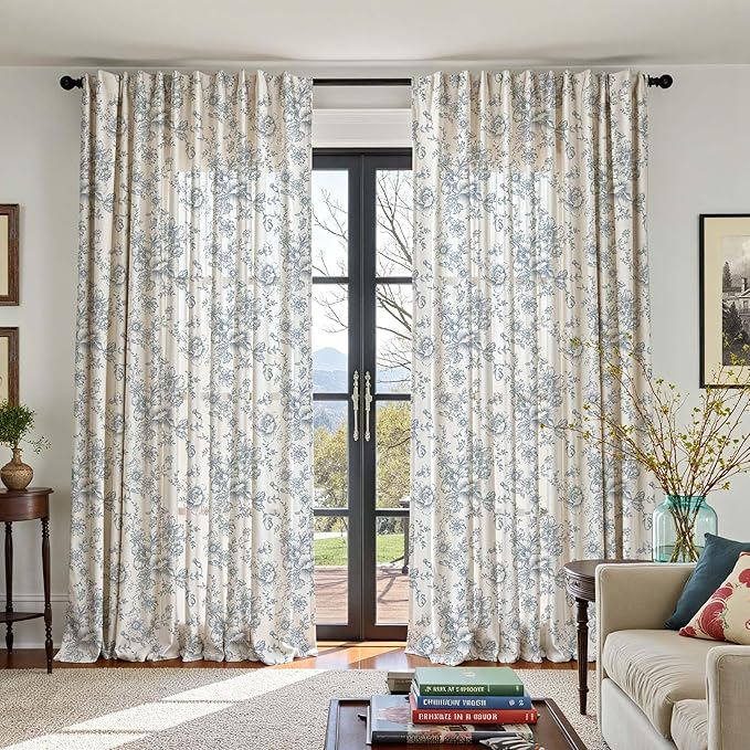 jinchan Linen Floral Curtains 100 Inch Extra Wide for Patio Sliding Glass Door Room Divider Curtain for Living Room 108 Inch Length Farmhouse Peony Blue Printed Curtain Set 1 Panel