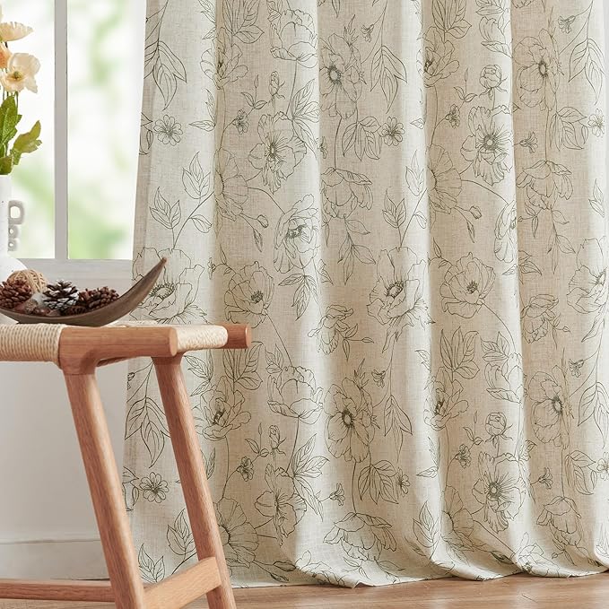 jinchan Floral Linen Curtains for Living Room 96 Inch Length Green Flower Curtain Rod Pocket Back Tab Farmhouse Curtains with Printed Floral Bedroom Window Curtain Set, 2 Panels Green