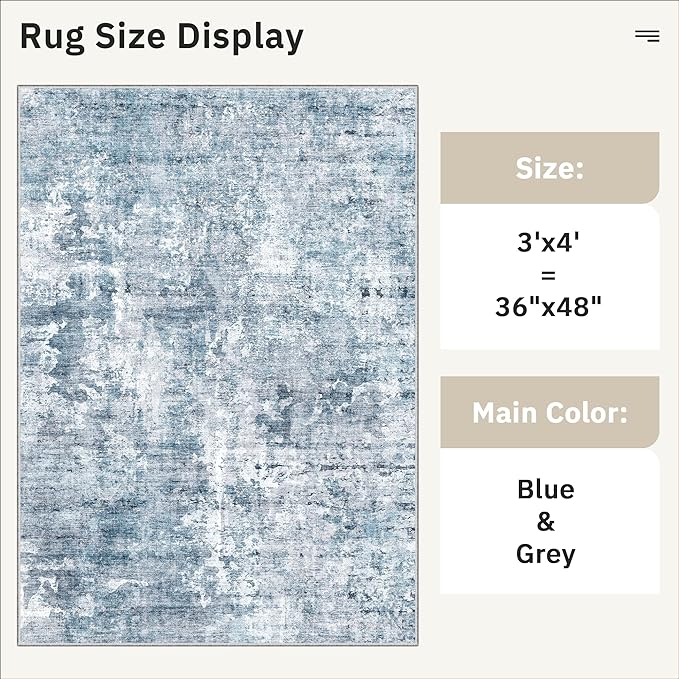 3x4 Rug, Small Area Rug for Kitchen, Entryway, Machine Washable Non-Slip Throw Rug, Vintage Carpet for Nursery Coffee Table Blue/Grey