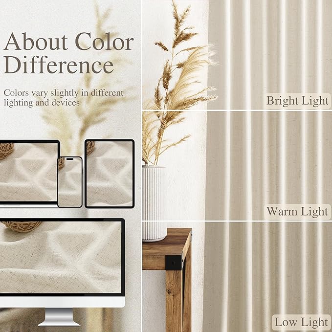 Nanspring Vanilla Linen Curtains 102 Inches Long for Living Room Light Filtering Semi Sheer Curtain Back Tab Modern Farmhouse Decor Floor to Ceiling Coastal Drapes for Bedroom 52x102, 2 Panels