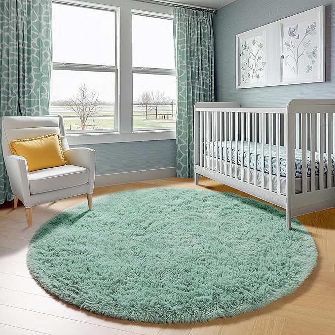 ONASAR Sage Green Round Area Rug 4ft, Fluffy Soft Bedroom Circle Rugs for Kids Girls Boys Teen Dorm Room, Cute Furry Plush Shaggy Carpet for Nursery Living Room Playroom Christmas Home Decor
