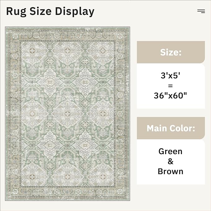 3x5 Rug, Small Area Rug for Kitchen, Entryway, Machine Washable Non-Slip Throw Rug, Vintage Carpet for Nursery Coffee Table Green/Brown