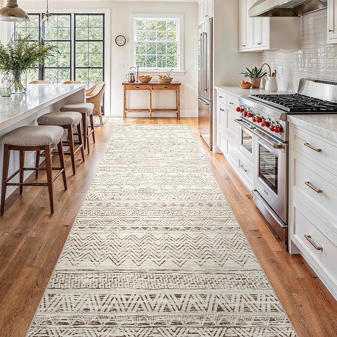 4x12 Washable Hallway Runner Rug：Moroccan Non-Slip Wide Runners for Entryway Kitchen Soft Modern Geometric Low-Pile Rugs for Living Room Thin Waterproof Carpet for Bedroom Bathroom Laundry(Beige,4x12)