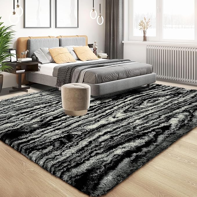 Tepook Soft Fluffy Rugs for Bedroom, 4x6 Area Rug for Living Room, Modern Shaggy Room Rug for Kids Boys Girls, Plush Throw Rugs Indoor Nursery Home Decor Rug with Non-Slip Bottom, Black White