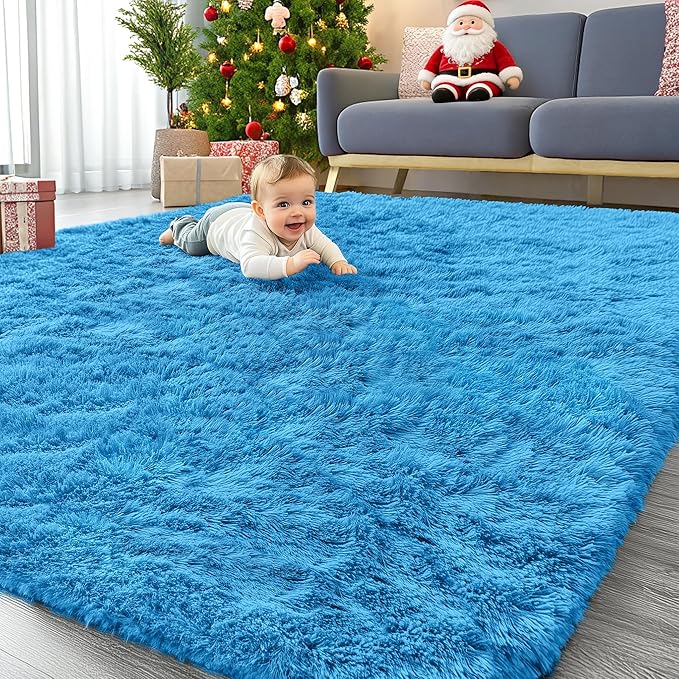 OLANLY 6x9 Machine Washable Large Area Rugs for Living Room, Bedroom, Soft Fluffy Shaggy Bedside Rug, Indoor Floor Carpet for Kids Girls and Boys, Dorms, Nursery, Home Decor Aesthetic, Bright Blue