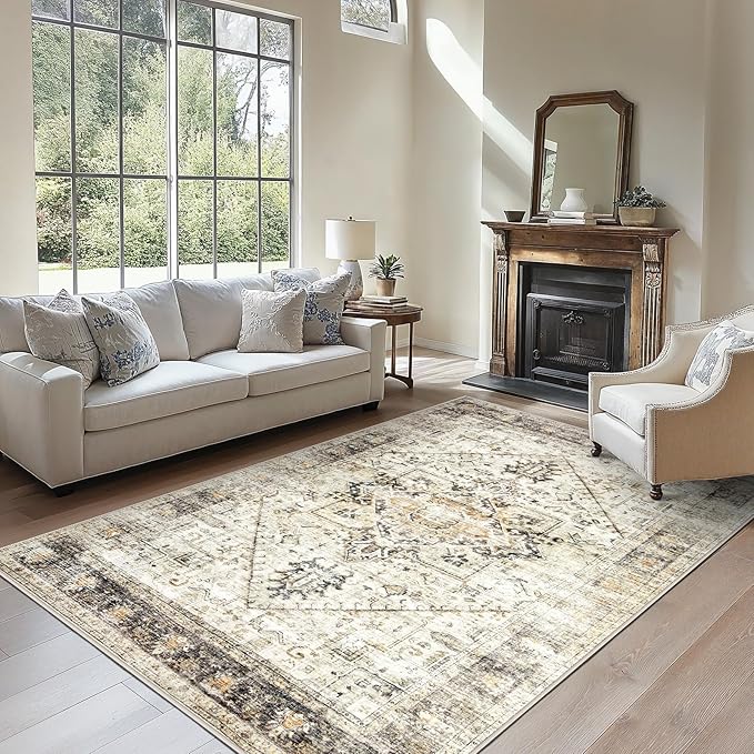 AMADA HOMEFURNISHING 5x7 Washable Area Rug, Low-Profile Living Room Rug with Non-Slip Backing & Durable Edge Binding, Large Area Rug, Vintage Rugs for Living Room, Bedroom, Dinning Room