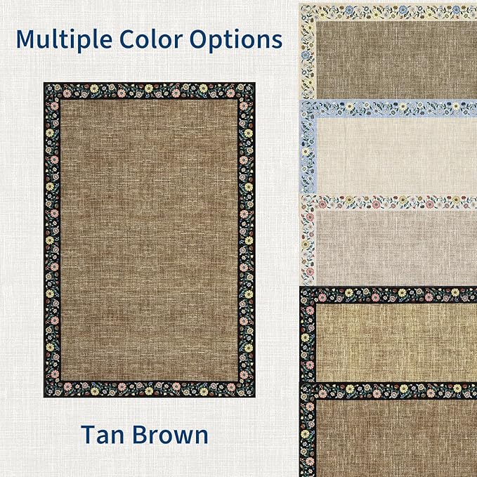 GarveeHome Washable Rugs for Living ROM 8 x 10 Large Area Rug Farmhouse Floral Bordered Bedroom Carpet Indoor Non-Slip Nursery Mat Soft Non Shedding Stain Resistant Carpet for Dining Room, Brown