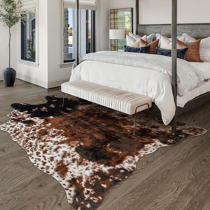 Cow Print Faux Cowhide Rug, Fluffy Fur 6.2x8.2 Feet Washable Cow Rugs for Living Room Bedroom Animal Print Hide Skin Rustic Western Décor Black and Brown