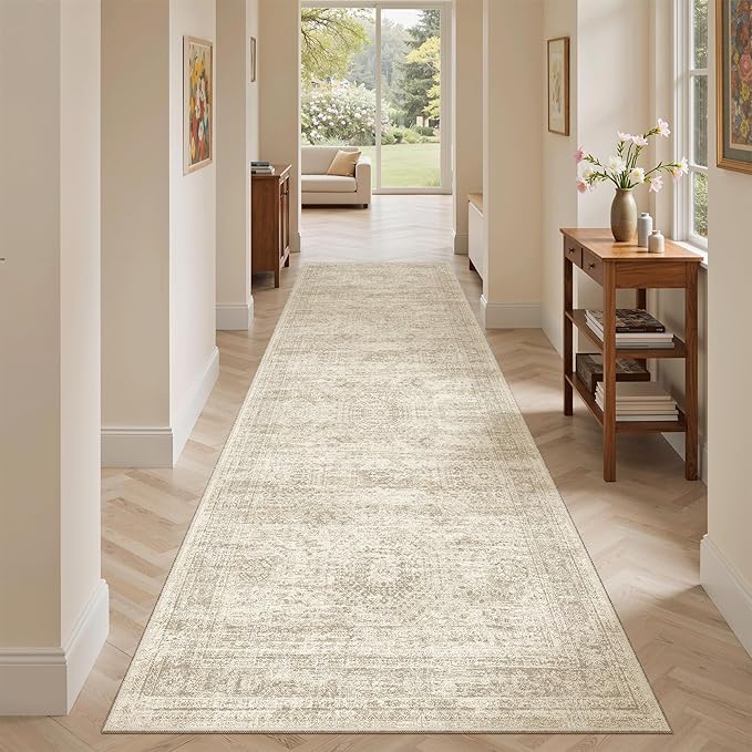 Washable Runner Rug, 2'6" x 8' Non-Slip Kitchen Vintage Foldable Hallway Runners for Entryway, Laundry, Bedroom, Beige