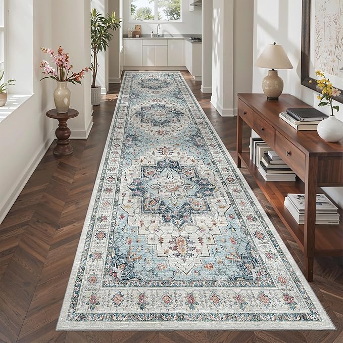 Madane Hallway Rug 3x10, Kitchen Rugs Washable Entryway Rug Vintage Kitchen Runners Non Slip Indoor Area Rug Farmhouse Carpet Runner for Bathroom Living Room Bedroom, Blue