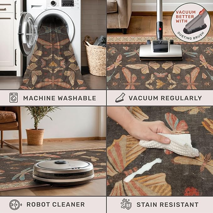 5x8 Brown Rugs for Living Room, Soft Boho Rugs for Bedroom, Non Slip Dining Room Carpet for Under Table, Vintage Farmhouse Home Décor, Low Pile Stain Resistant Mat